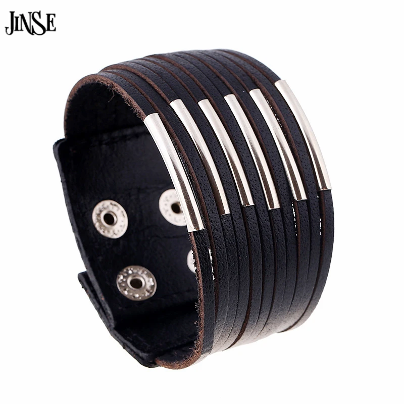 JINSE Винтаж натуральной коровьей широкие манжеты кожаный браслет в стиле панк Рок Браслеты для Для мужчин Jewelry hq133