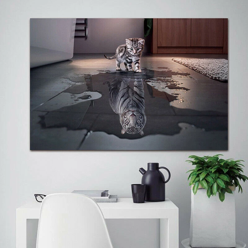 

Non-woven Fabric Painting Wall Art Oil Paintings Cat Tiger Reflect Canvas Wall Decorative Hanging Paintings Home Decor Tapestry