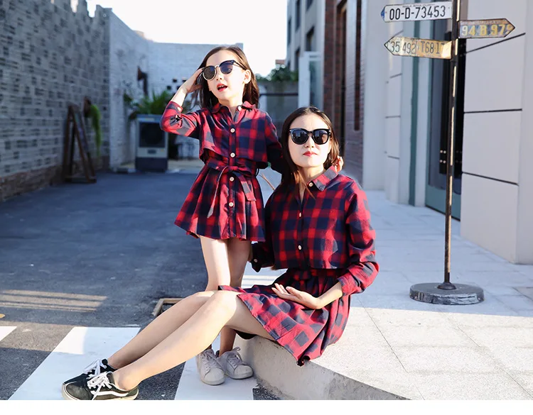 Mother Daughter Family Matching Long Sleeve Red Green Plaid Dress 11