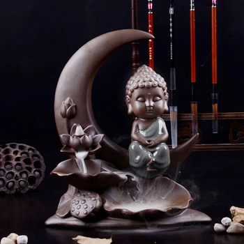 

Ceramic Moon Lotus Monk Smoke Backflow Cone Holder Incense Burner & 7 CONES