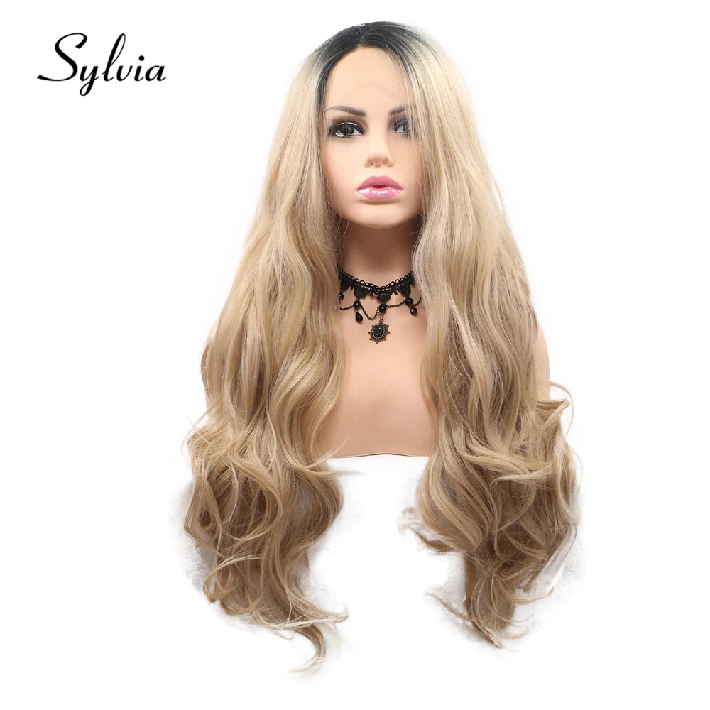 Sylvia светло-коричневый объемная волна Синтетический Синтетические волосы на кружеве парики с темные корни 180% Плотность термостойкие