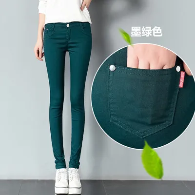 Весенние Женские базовые брюки размера плюс, повседневные брюки-карандаш, эластичные брюки для женщин, узкие женские джинсовые брюки, много цветов - Цвет: Blackish green