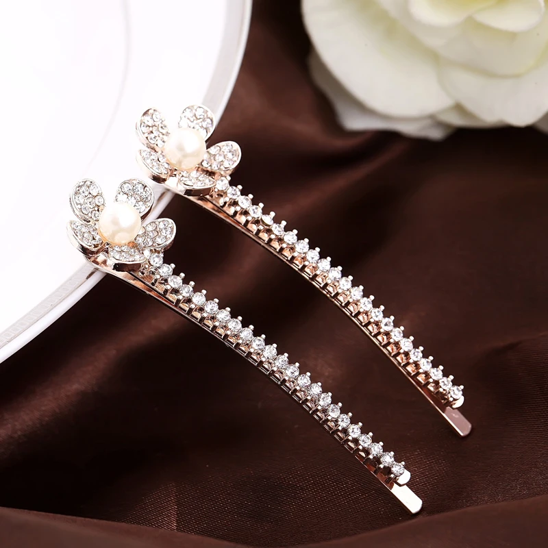 

Factory Wholesale Full Crystal Flower With Pearl One Line Strip Barrettes Hairgrips Hairpins For Women Girl Hair Accessories