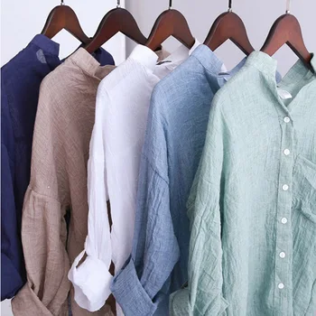 

Women Fashion Oversized Loose Casual Long Sleeve Linen Bottom Down Shirt Blouse S-XL