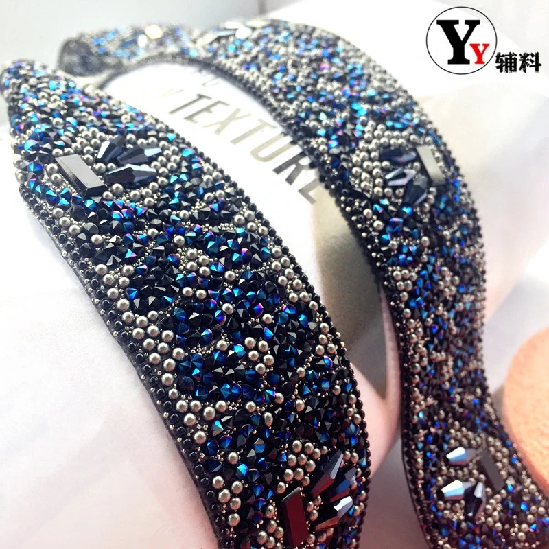 

100CM Iron On Rhinestone Tape Navy Blue Hotfix Gemstone Lace Trim Hot Drilling Beaded Chain Ribbons Bridal Dress Belt Banding