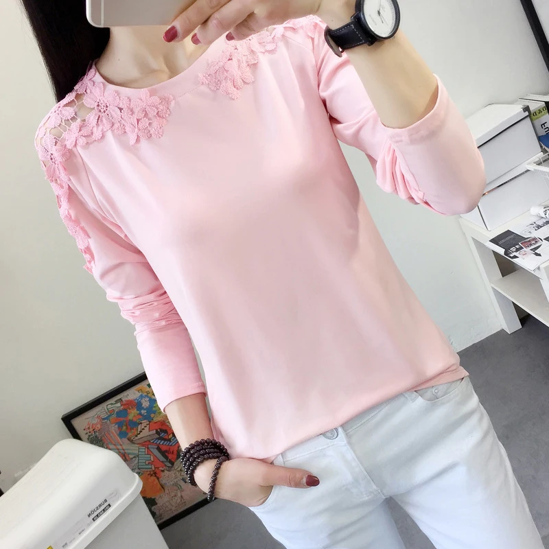

Women Autumn Eleglant Lace Hollow Out Blouse Shirt Long Sleeve Pink Blouse Tops Female Outfit Tops