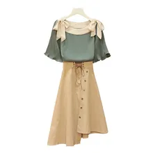 Fashion Women Summer Bow Plus Size Two Pieces Skirt Set Flare Chiffon Blouses Shirt Suits Lace Up Top High Waist Irregular Skirt Fashion Women Summer Bow Plus Size Two Pieces Skirt Set Flare Chiffon Blouses Shirt Suits Lace Up Top High Waist Irregular Skirt