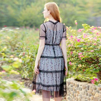 

2018 summer new designer women's printed chiffon suspender mesh stitching dress two-piece set Tanks Camis black ladies dress