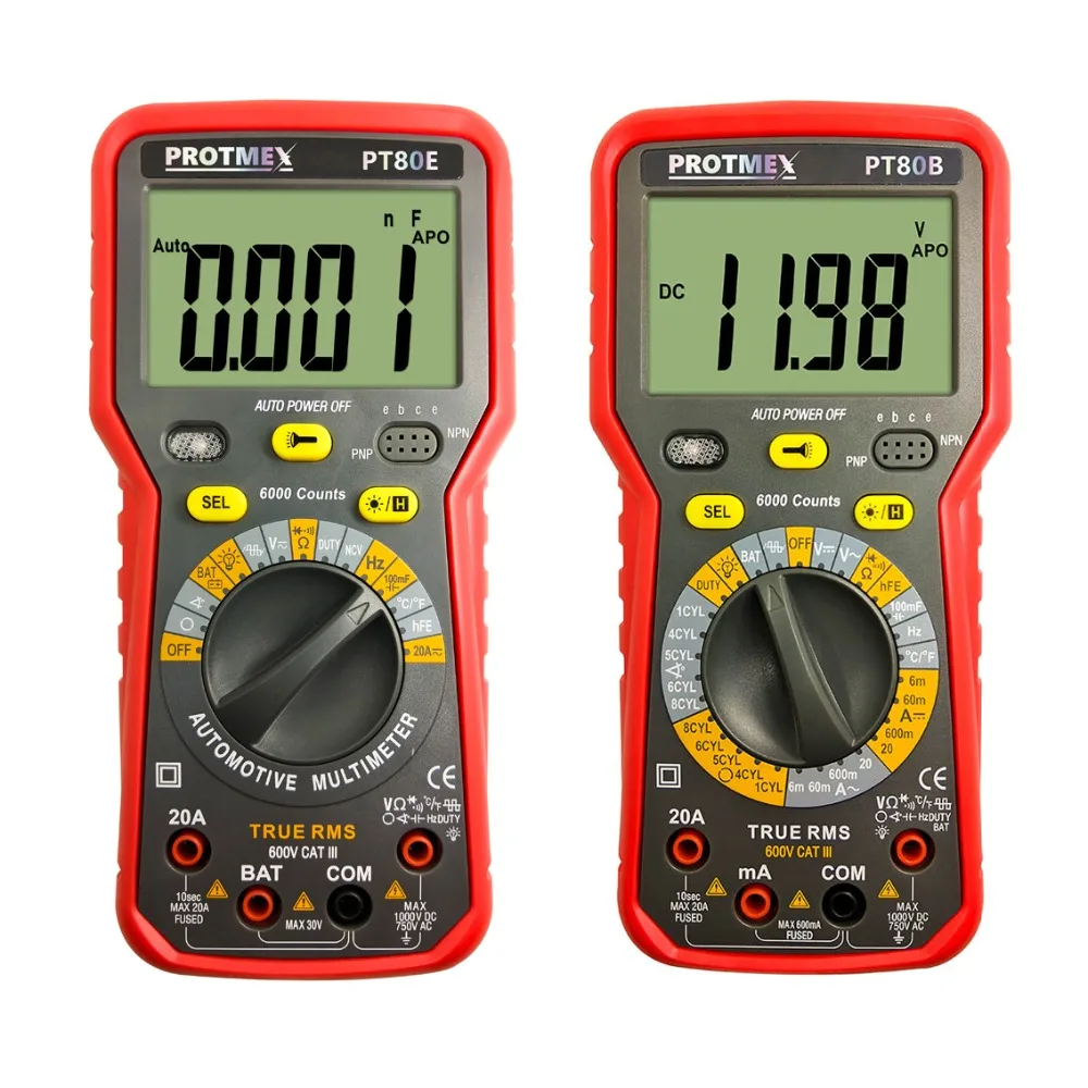 Цифровой Авто/ручной автомобильный тестер мультиметр, Protmex PT80B/80E 6000 отсчетов постоянного/переменного тока Напряжение Ток Сопротивление Емкость Тестер