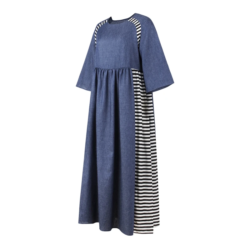 Women's Europe Muslim Middle East Denim Stitching Striped Fashion Dress Robes Women's Clothing