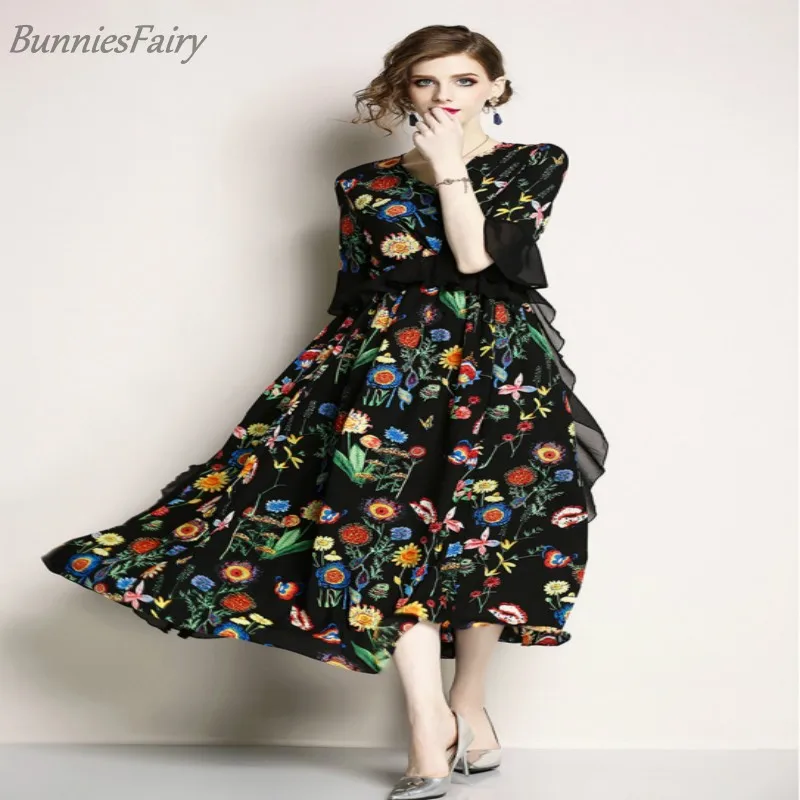

2018 Summer Lady V-Neck Half Print Ruffles Butterfly Sleeve Show Female Curve Cool Elegance Comfort Flower Color One-piece Dress