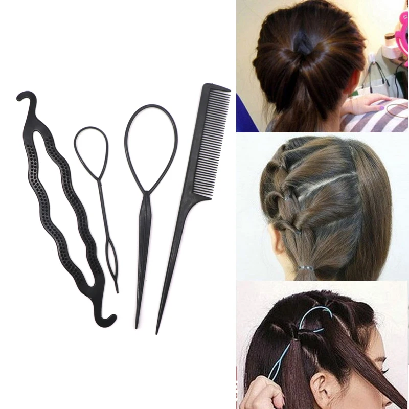 

1Set=4Pcs Hair Twist Styling Tool Hair Clip Stick Bun Meatball Head Maker Comb Hair Braiding Tools For Women Hairdressing Tools