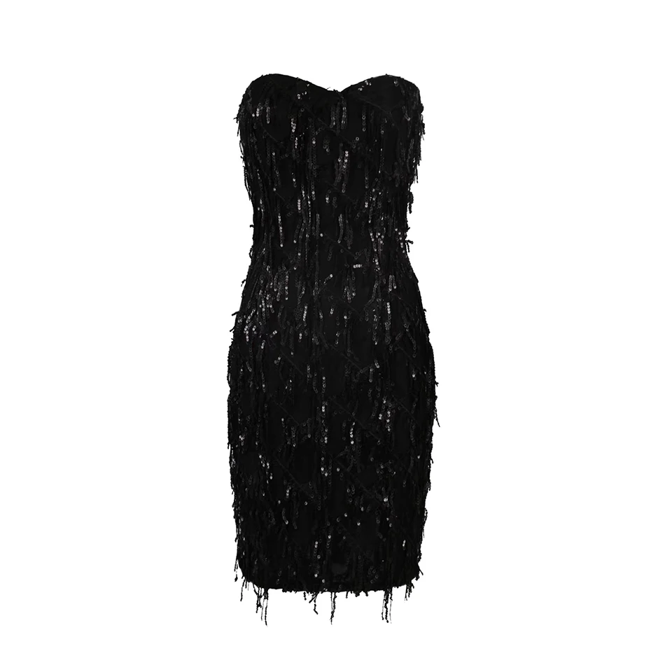 Высококачественное женское сексуальное платье без бретелек с блестками, черное плотное Бандажное платье с бахромой из вискозы, дизайнерское мини-платье для вечеринки для женщин