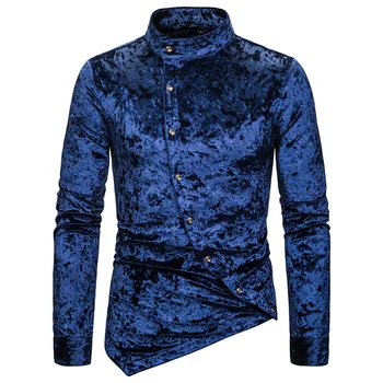

2019 Personality Diagonal Button Diamond Velvet Irregular Multi-color Henry Collar High-grade Long-sleeved Shirt