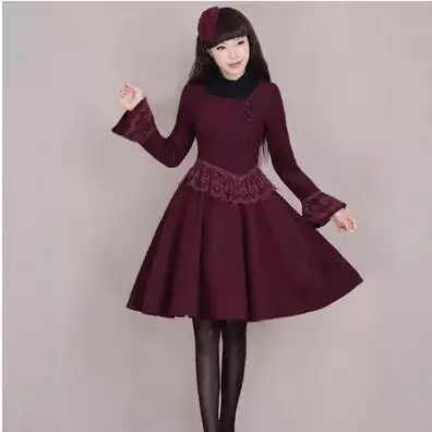

S-3XL 2019 New Fashion Wool Jacket Women's Lace Spliced Big Swing Overcoat Autumn Winter Flare Sleeve All Match Cashmere Coat