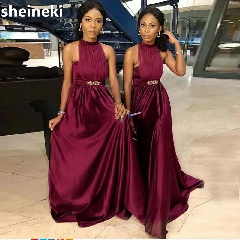 2019 Burgundy High Neck A Line Bridesmaid Dresses Pleated Sash Beaded ...