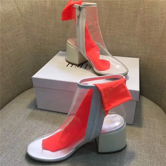 2018 Net Red Shoes Woman PVC Boots Women Ins Hot Transparent Candy Color Sock Ankle Boots Thick High Heel Rain Boots Botas Mujer (7)