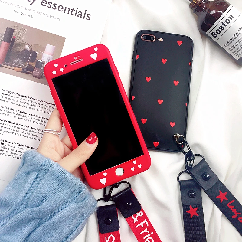

For iphone 7 7plus 360 case, Cute Front + Back love heart Soft Cover case for iphone X 6 6S 6S plus 8 8plus Lovely Fudas +strap