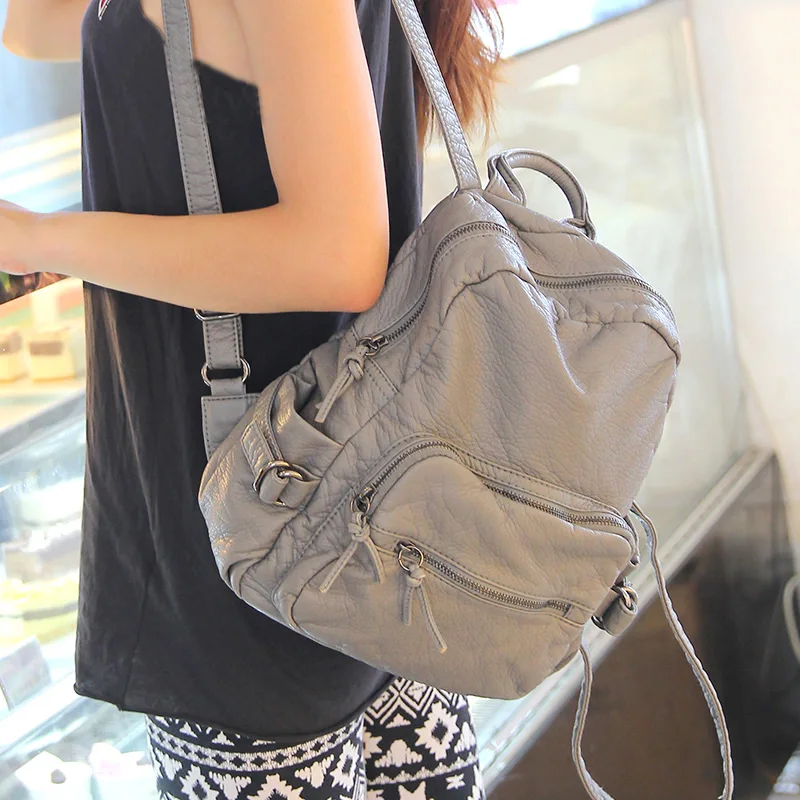 Роскошный женский рюкзак, большие винтажные женские рюкзаки, черный рюкзак для путешествий, Женский моющийся кожаный рюкзак для девочек - Цвет: Серый