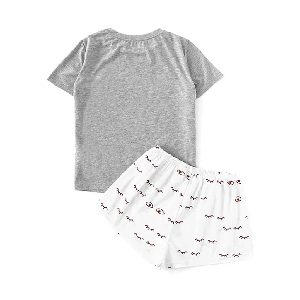 2 Piece Cute Set Women's Casual Shorts Short Sleeve Ruffled T-Shirt Casaul Sleepwear Nightwear Set With Cat Smile Print