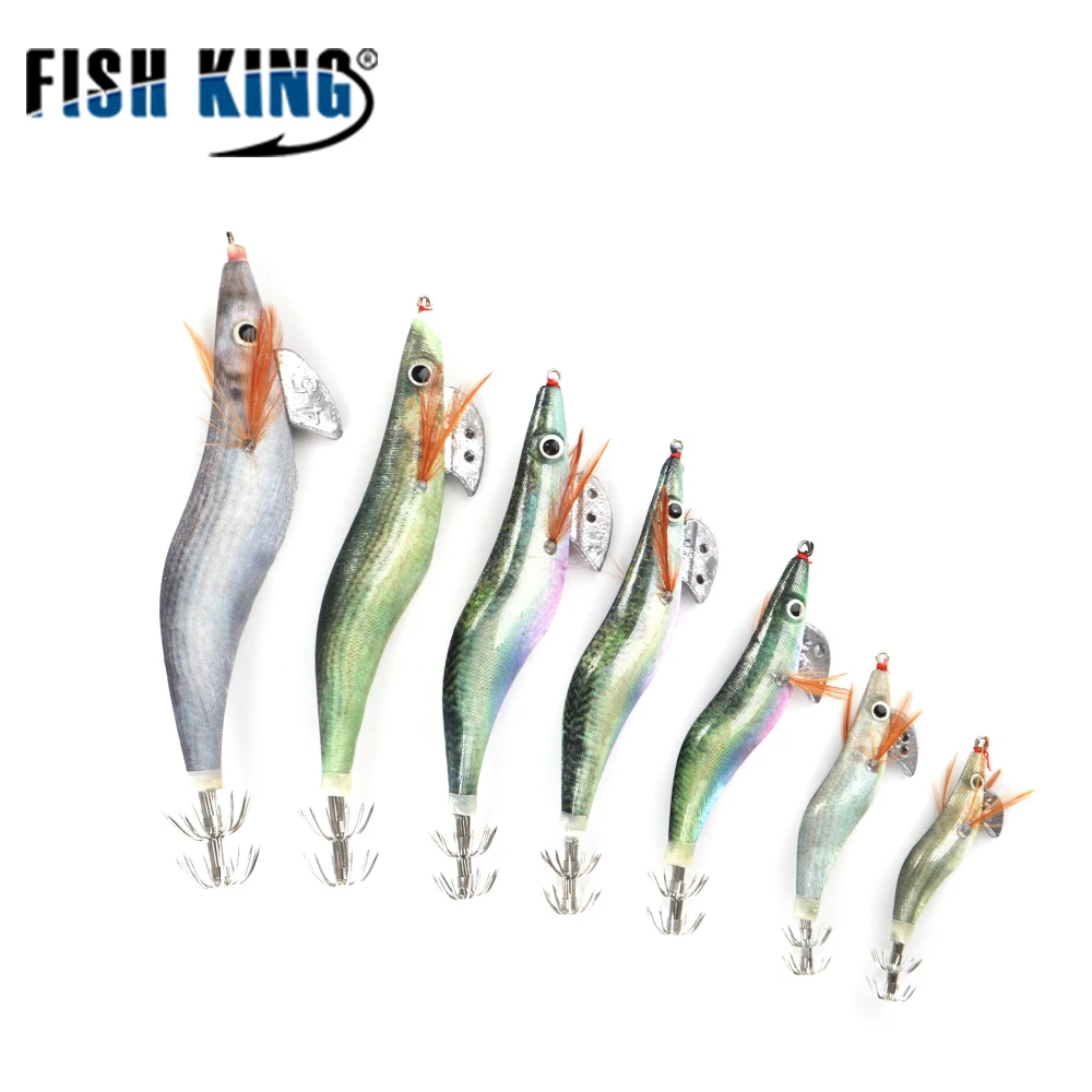 

FISH KING Size1.5#2.5#3.5#4.5# Fishing Lure Lead Sinker Squid Lures Jigs Octopus Wood Shrimp Bait With Squid Hook Fishing Tackle