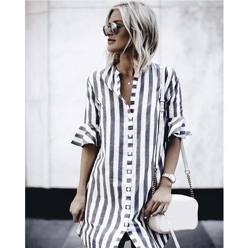 Prix 2019 offre spéciale femme Noir Et Blanc Rayé Robe décontracté Évasée à manches Mi longues Robes Lâches Femmes Chemise Robe Vestidos