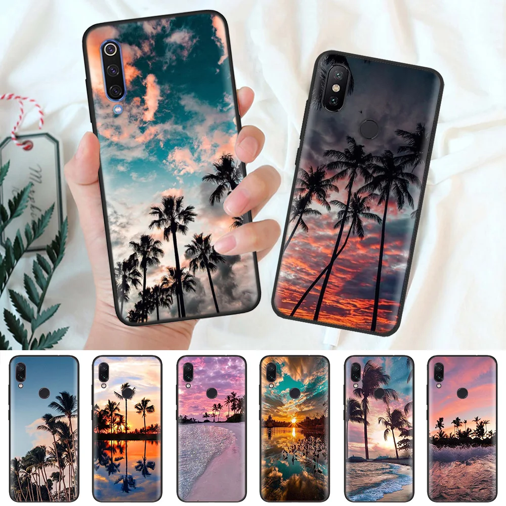 

Black Silicone Case Bag Cover for Xiaomi Mi A1 A2 8 Lite Play Redmi Note 7 6 6A 5 Plus 4X Pro Poco F1 summer Beach Sunset Palm