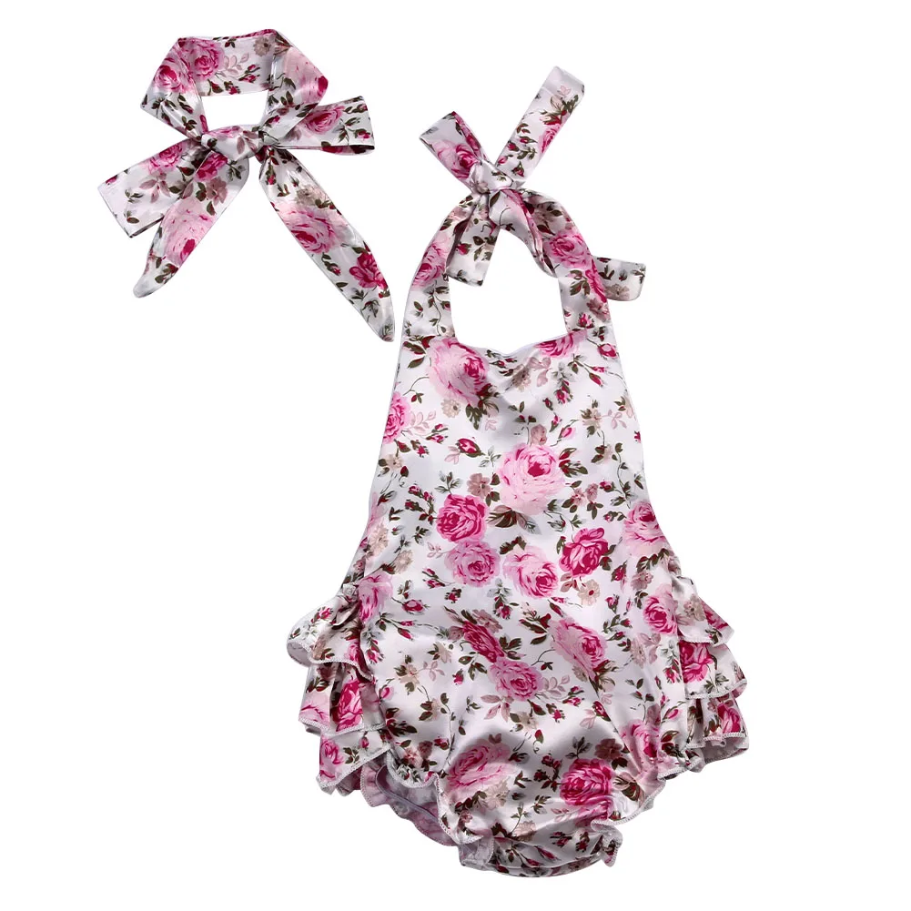 

2017 Baby Rompers Girl 2pcs Kids Girl Pink Flower Printed Sleeveless Halter Rompter With Bow Headband 6-18M