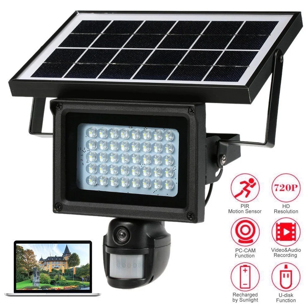 

40 IR LEDS Solar Floodlight Street Lamp 720P HD CCTV Security Camera DVR Recorder PIR Motion Detection Support PC-CAM TF Card