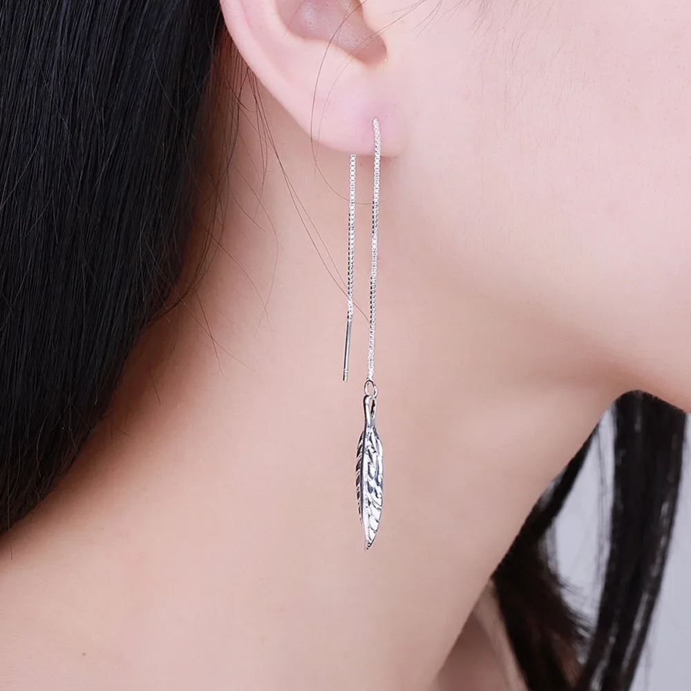 

CHUKUI Wholesale Female Elegant Silver Metal Leaf Thread Earrings Threader Earrings Long Chain Leaf Dangle Earring