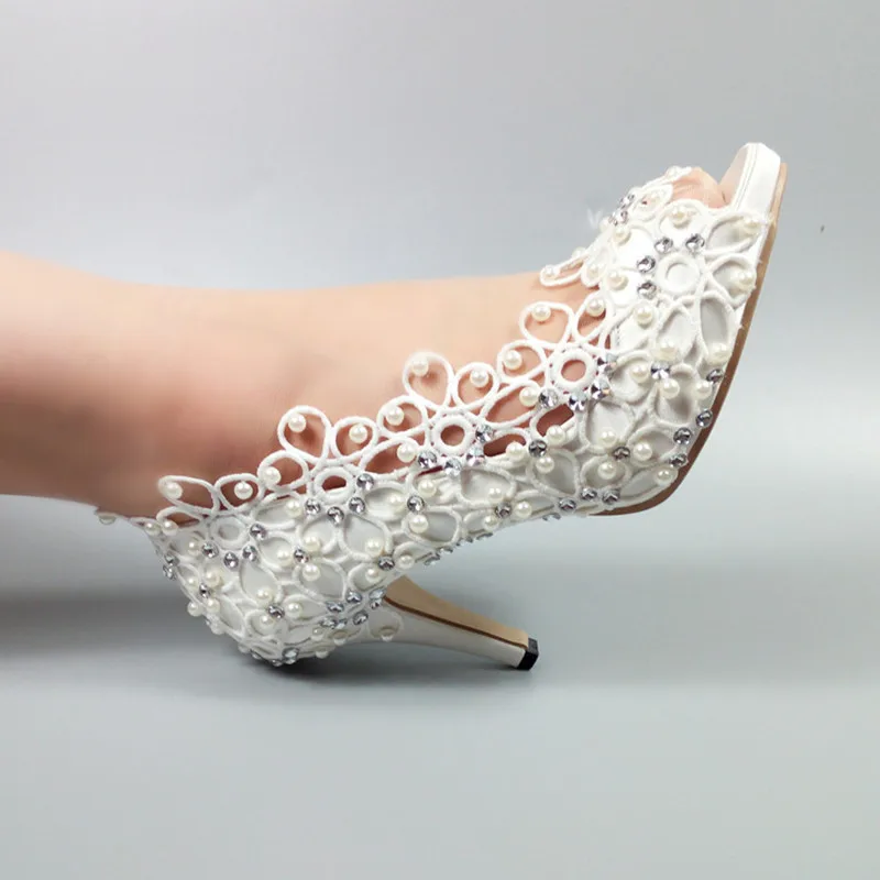 

Womens wedding shoes New arrival Peep Toe white lace shoes pearl Ladies party shoes woman 8cm/10cm High heel