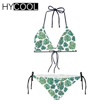 

HYCOOL Swimwear Women Green Tropical Leaves Printing Female Swimsuit Push Up Bikini Set Plus Size XXL Summer Swimming Suit Girls