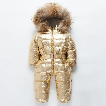 

2019 Russian Winter Children White Duck Down Warm Jumpsuit Baby Thickened Big Fur Collar Boys Girls Rompers Kids Hooded Clothes