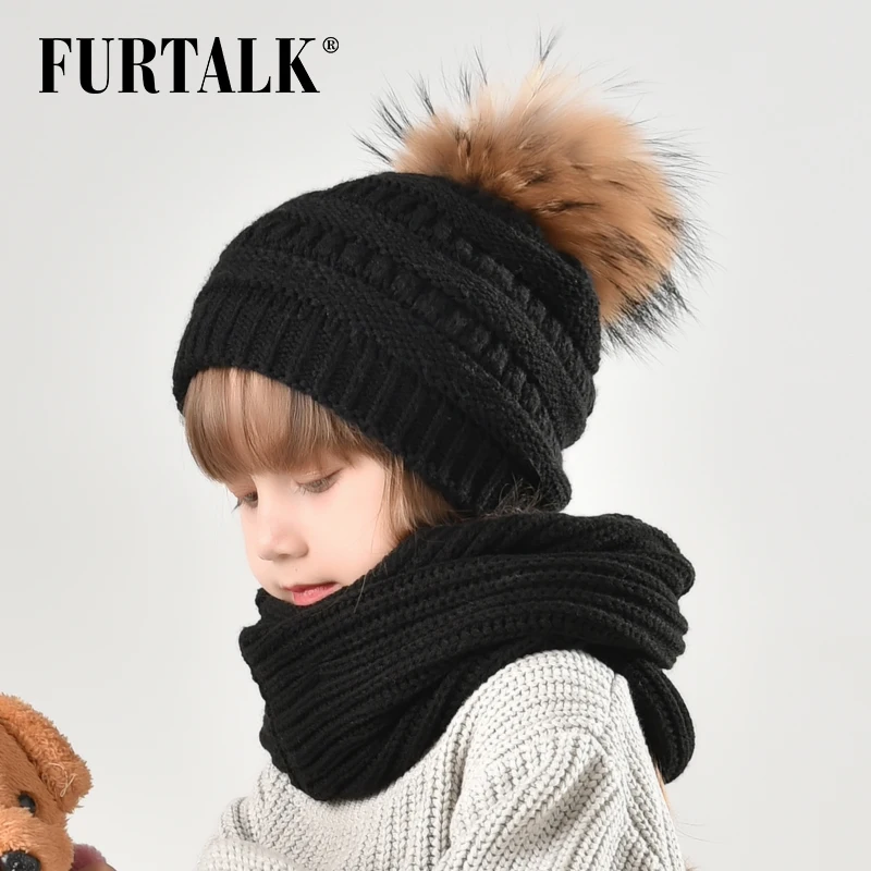FURTALK Зимняя Детская Шапка и Шарф Снуд Мех Енота Помпон для Девочки Вязяние Шапки