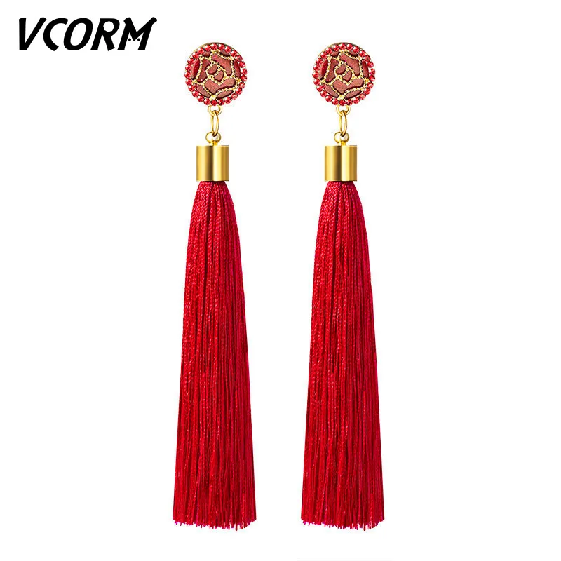 VCORM, богемные золотые длинные висячие серьги с кисточками для женщин, модные серьги с геометрическим помпоном, кристаллами, полимерной бахромой, висячие серьги, ювелирное изделие - Окраска металла: Red 4
