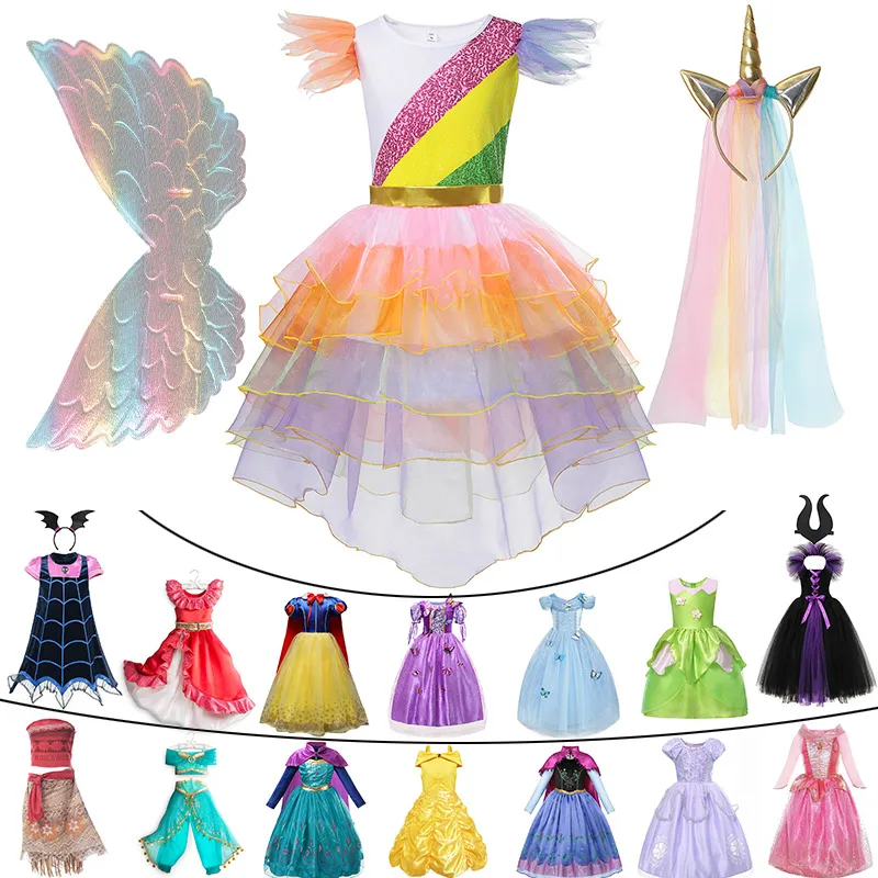 

Classic Princess Collections Girls Sleeping Beauty Maleficent Rapunzel Cosplay Clothing Child Carnival Unicorn Tinkerbell Dress