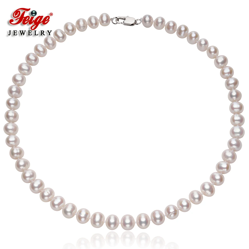 

Genuine Freshwater Pearl Necklaces For Women's 8-9mm White Natural Freshwater Pearl Choker Necklaces Fine Jewelry By FEIGE