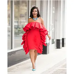 Рюшами сексуальное платье повязки Для женщин без бретелек с открытыми плечами карандаш красное платье без рукавов Молния сзади облегающее