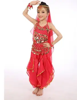 

105-155cm belly dance dress blue purple red rosy green yellow 6pcs Top+pant+belt+headwear 7 colors India Girl kid Costume