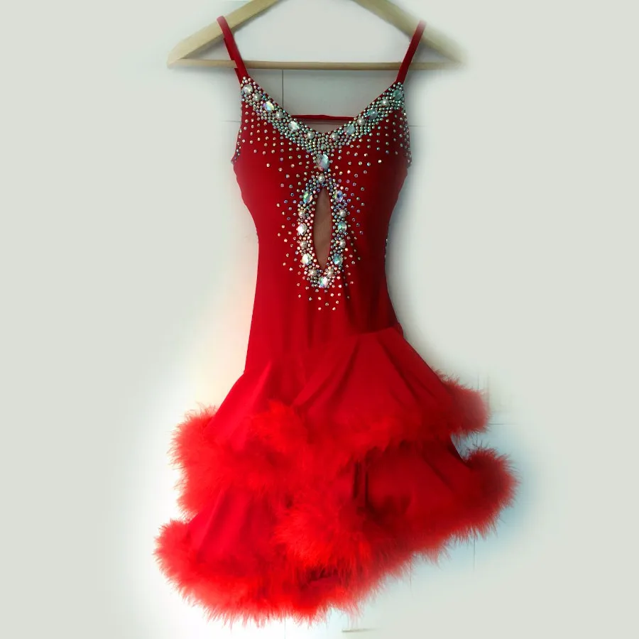 Новый стиль латинский Танцевальный костюм сексуальная спандекс перо латинские танцы платье для женщин латинский танец compeition платья A92 S-4XL