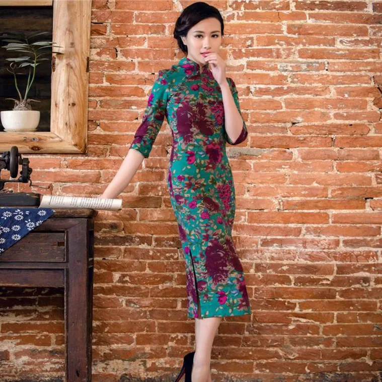 SHENG COCO, китайское классическое женское платье Qipao, элегантное, новинка, длинное льняное платье средней длины с длинными рукавами, тонкое платье, новинка, высокая мода