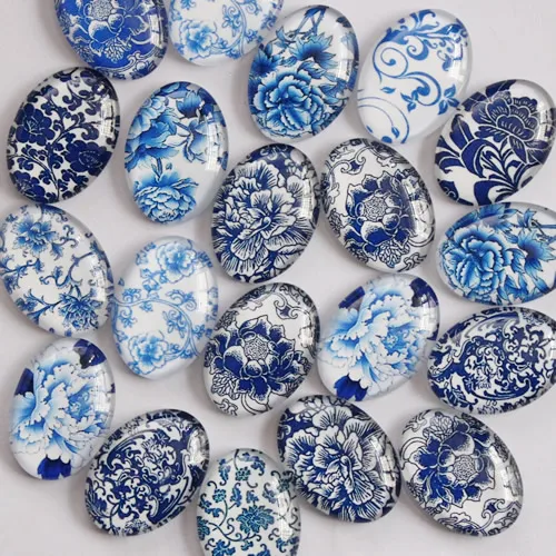 18x25mm Mixed Style Blue and white Porcelain Oval Glass Cabochon Dome Jewelry Finding Cameo Pendant Settings 20pcs/lot K04802