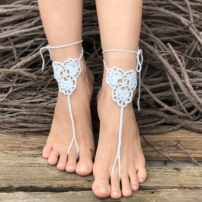 1 Pairs Trendy Handmade Crochet Barefoot Sandals Beach Yoga Anklet Jewelry Geometric Pattern Bridal Wedding Anklet Accessories