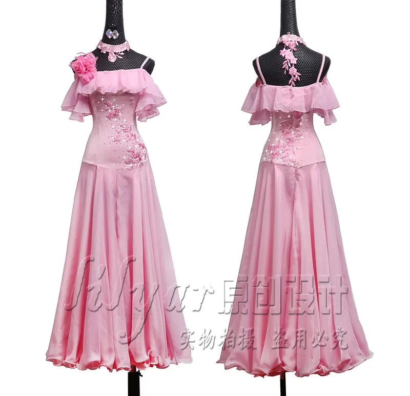

Современная юбка, длинная юбка, платье для танцевальных соревнований по национальному стандарту, платье для выступлений, светло-розовое платье с вышивкой на воротнике