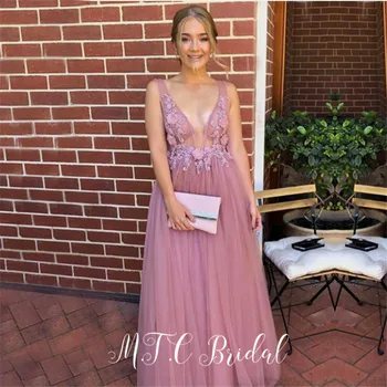 

Charming Deep V Neck Blush Evening Dress 2019 New See Through Beaded Appliques A Line Tulle Long Special Occasion Dresses Cheap