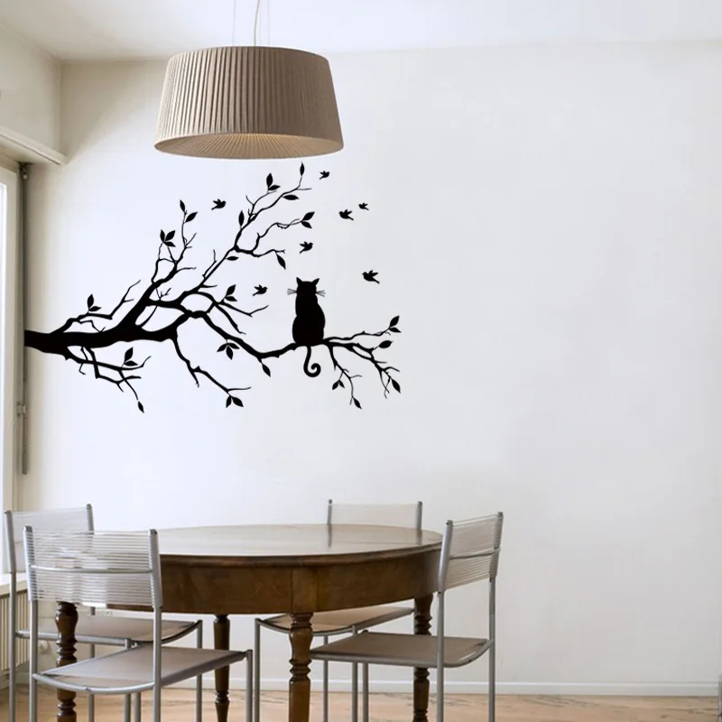 Cat on tree branch leaves wall sticker