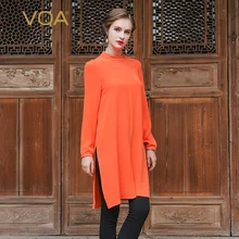 VOA/ Летняя короткая однотонная Повседневная шелковая футболка с длинными рукавами и высоким воротником оранжевого цвета, большие размеры, свободные однотонные женские топы, B6395