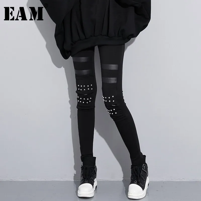 

[EAM] 2019 New Autumn Winter High Elastic Waist Black Rive Tloose Pu Leather Stitch Pants Women Trousers Fashion Tide JK897