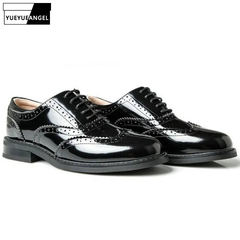 

England Style Women Wing Tip Brogue Patent Leather Shoes Round Toe Low Heels Pumps Casual Preppy Footwear Lace Up Ladies Shoes