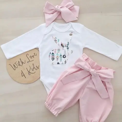 

2018 Autumn Newborn Kid Baby Girl 3pcs Clothes Cartoon Bunny Print Long Sleeve Jumpsuit Bodysuit Tops Bowknot Pants Outfits Set